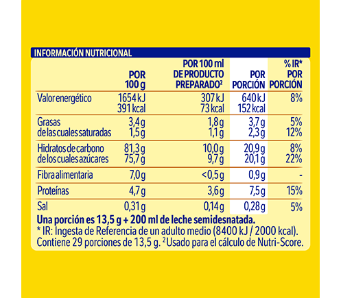 Nesquik Noche información nutricional